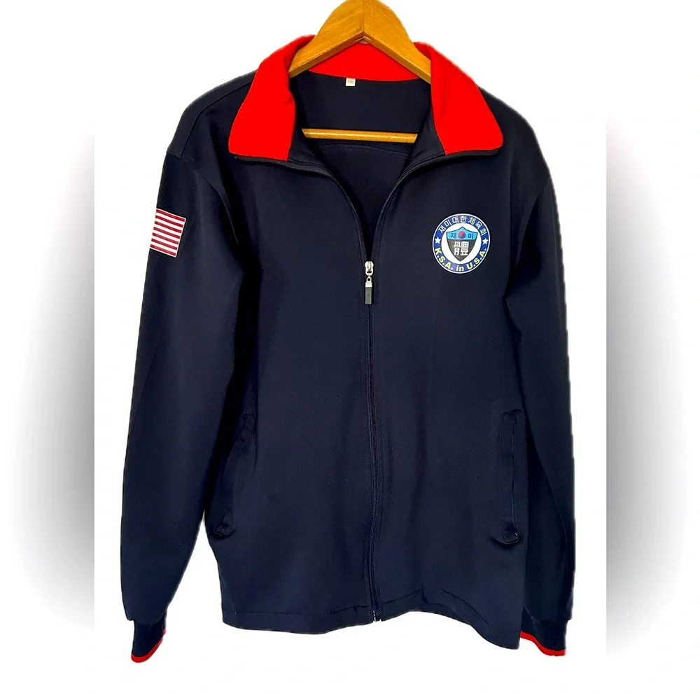 Vintage Navy Performance Zip-Up Jacket with Red Trim Korean